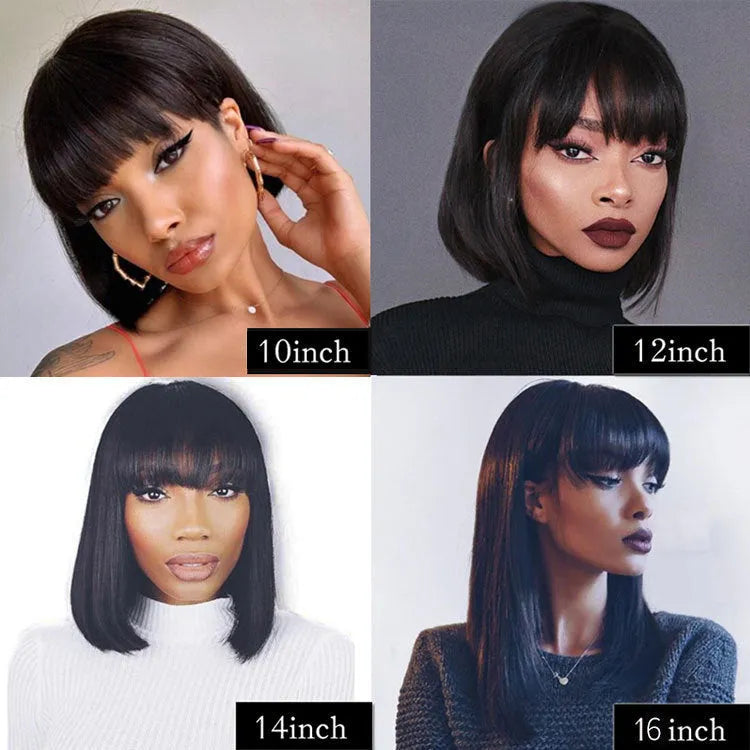 Black human hair wig showing 10 inch short to medium length on a model