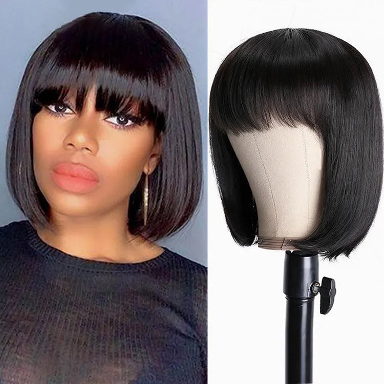 Black human hair wig showing 10 inch short to medium length on a model