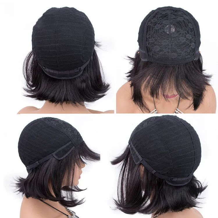 Black human hair wig showing 10 inch short to medium length on a model
