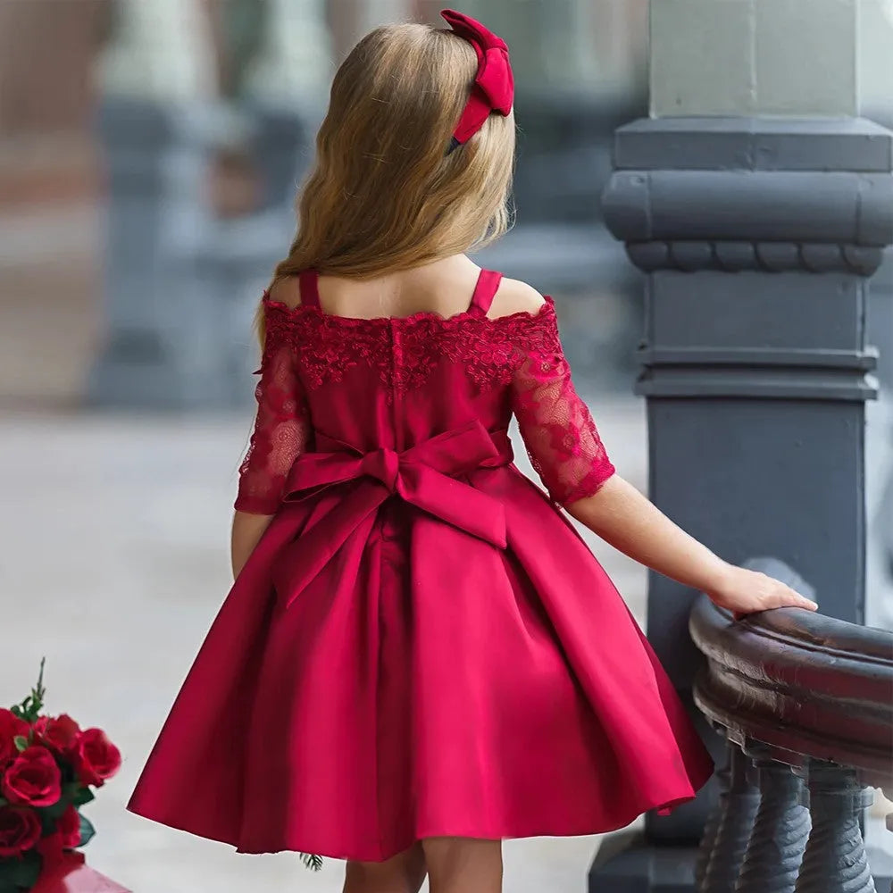 Girls polyester dress with lace detail in red colour for toddler sizing