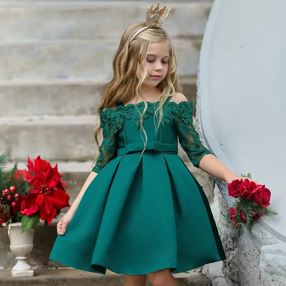 Girls polyester dress with lace detail in red colour for toddler sizing