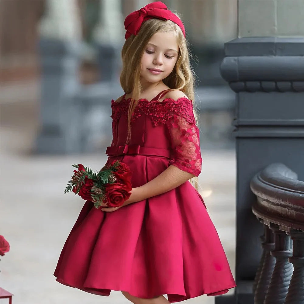 Girls polyester dress with lace detail in red colour for toddler sizing