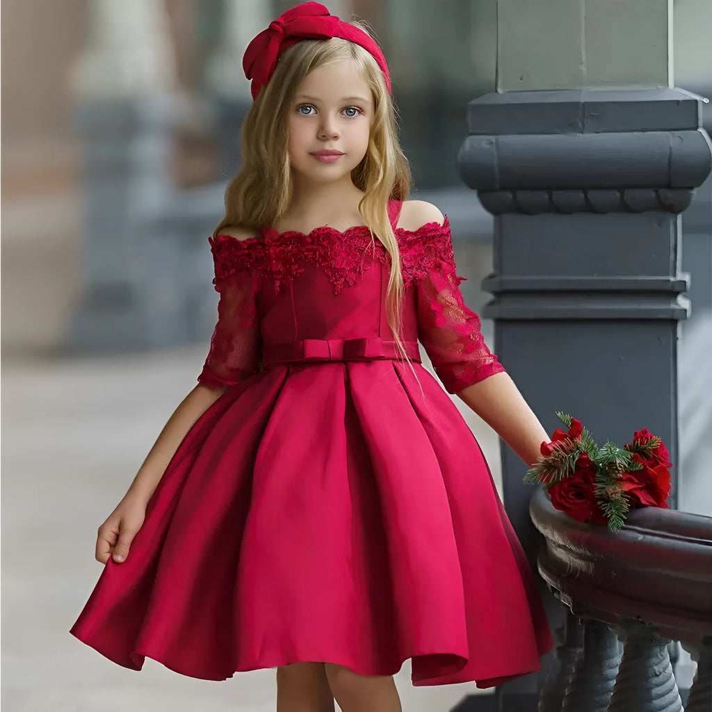 Girls polyester dress with lace detail in red colour for toddler sizing