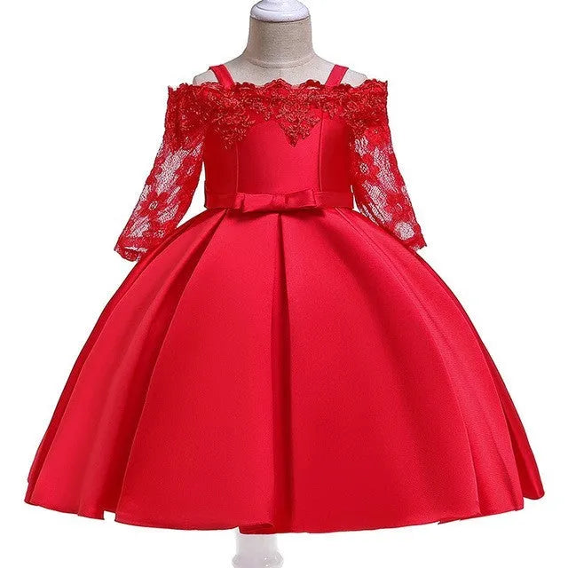 Girls polyester dress with lace detail in red colour for toddler sizing