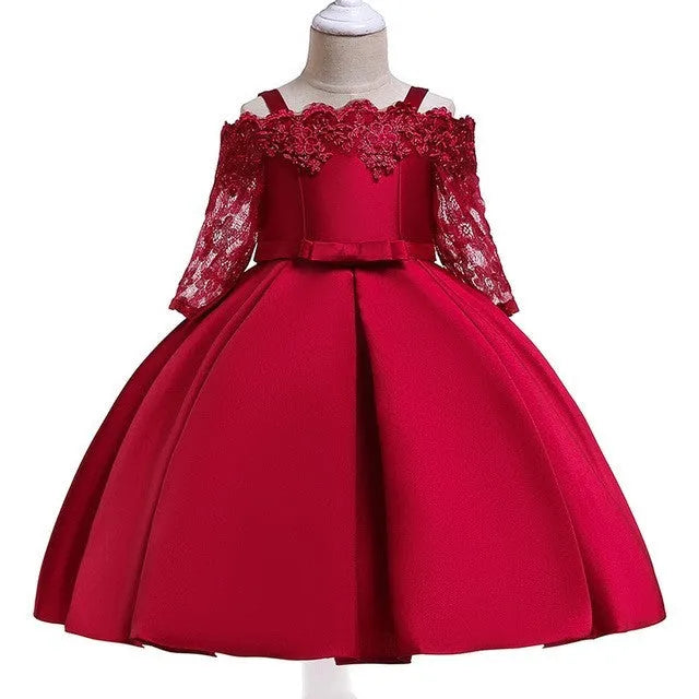 Girls polyester dress with lace detail in red colour for toddler sizing
