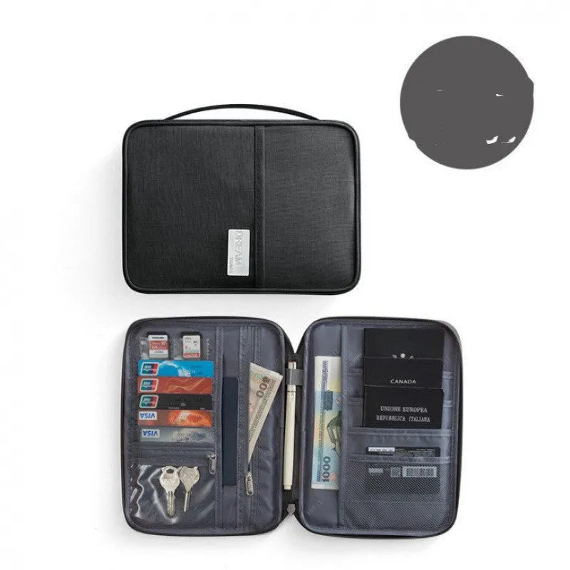 Waterproof cationic passport cover in multiple sizes and colours including black, blue, grey, and pink