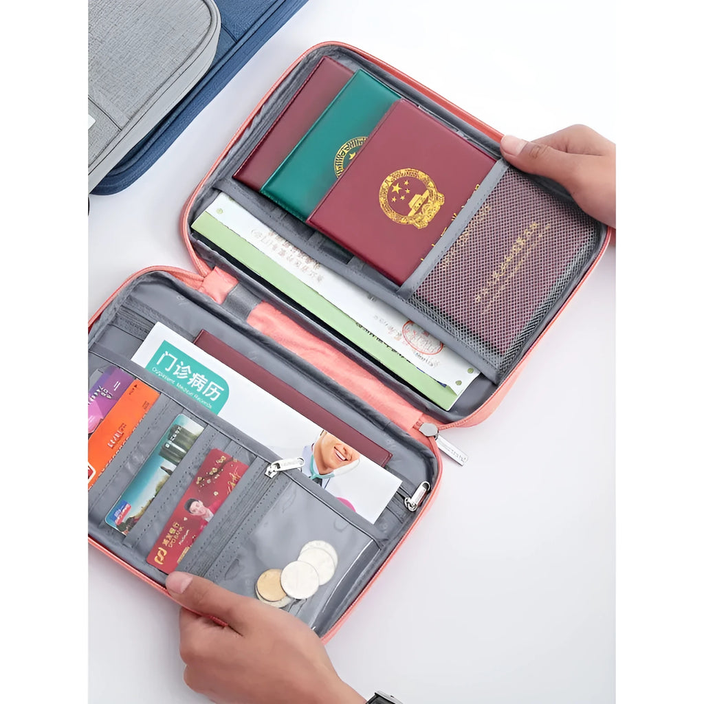 Waterproof cationic passport cover in multiple sizes and colours including black, blue, grey, and pink