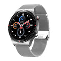 Black Bluetooth smart watch with round touchscreen on a silicone strap, showing fitness data interface.