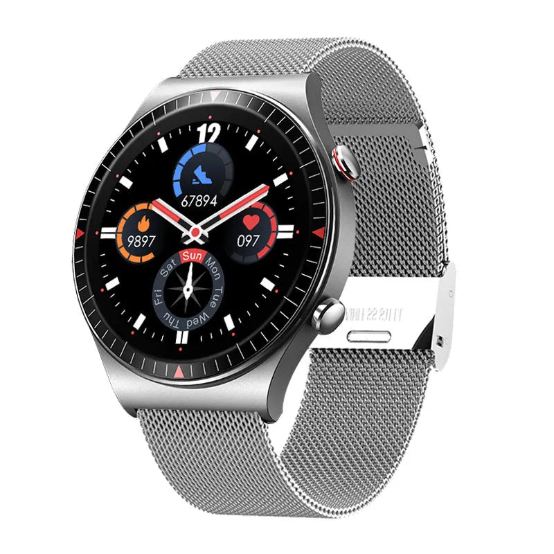Black Bluetooth smart watch with round touchscreen on a silicone strap, showing fitness data interface.