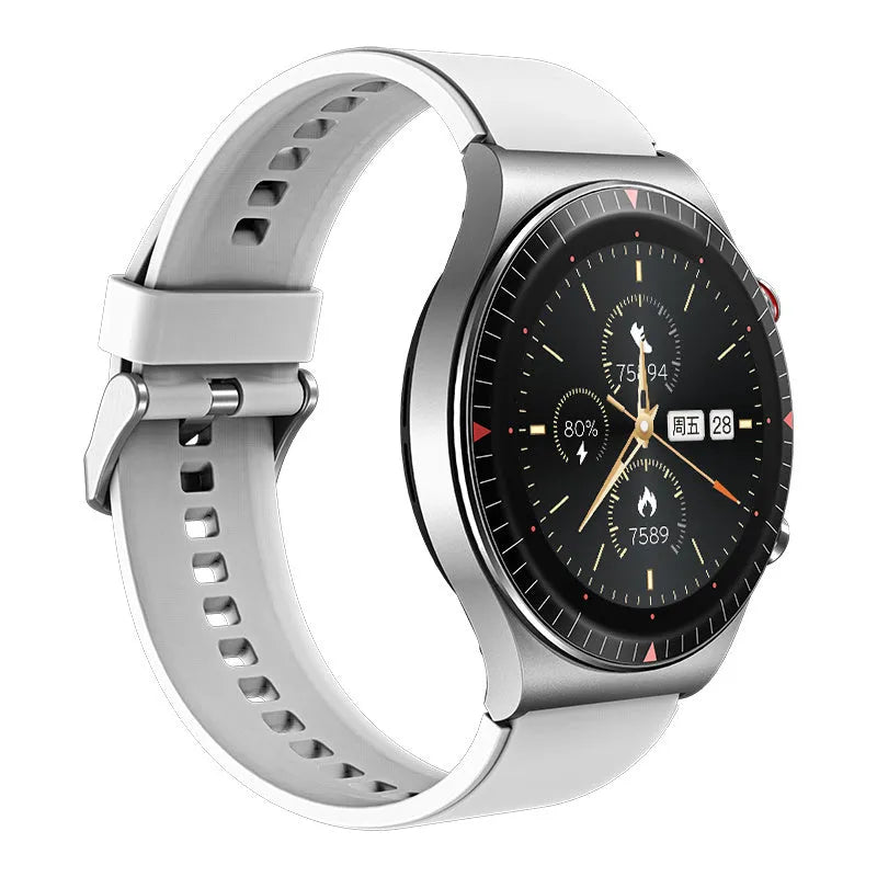 Black Bluetooth smart watch with round touchscreen on a silicone strap, showing fitness data interface.