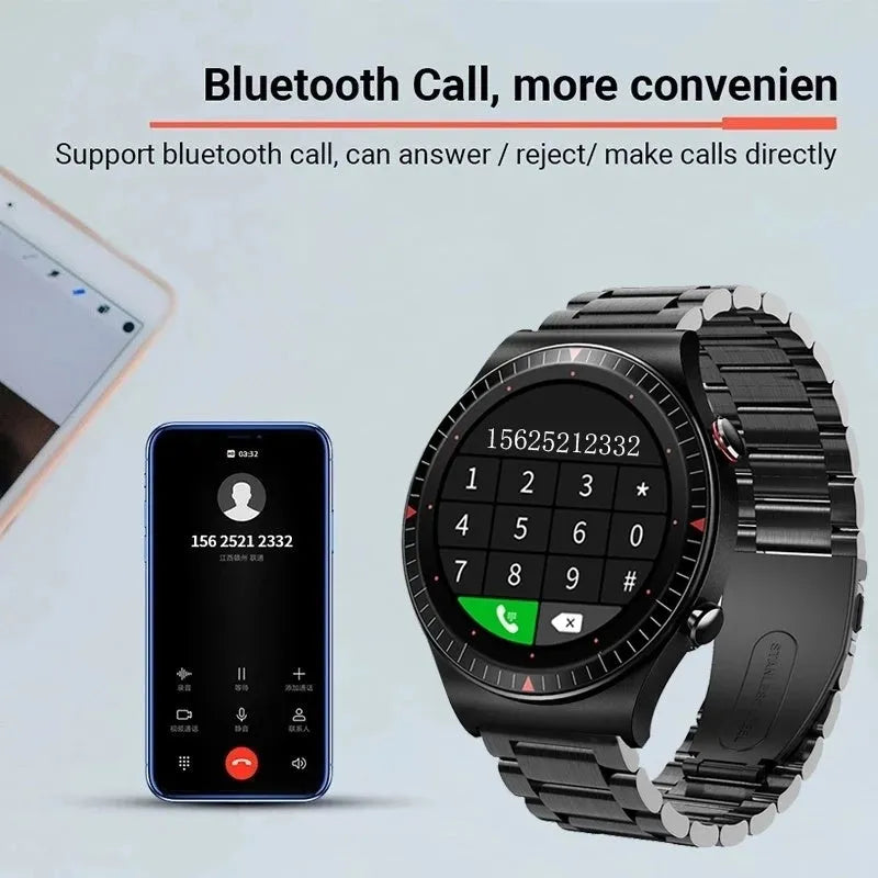 Black Bluetooth smart watch with round touchscreen on a silicone strap, showing fitness data interface.