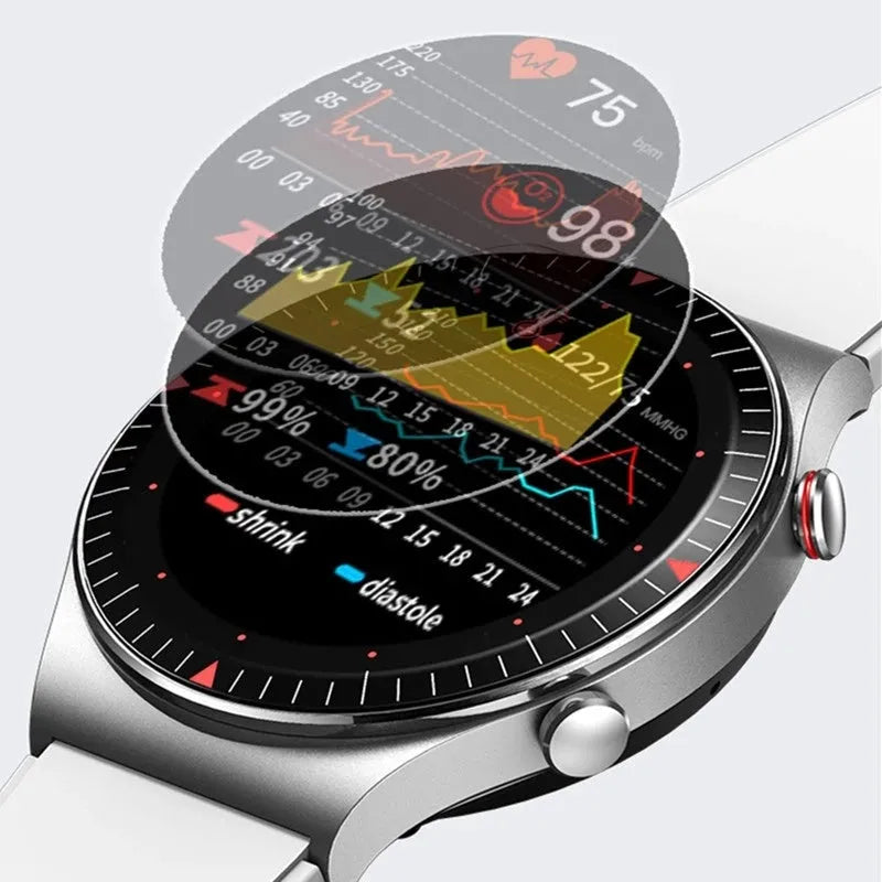 Black Bluetooth smart watch with round touchscreen on a silicone strap, showing fitness data interface.