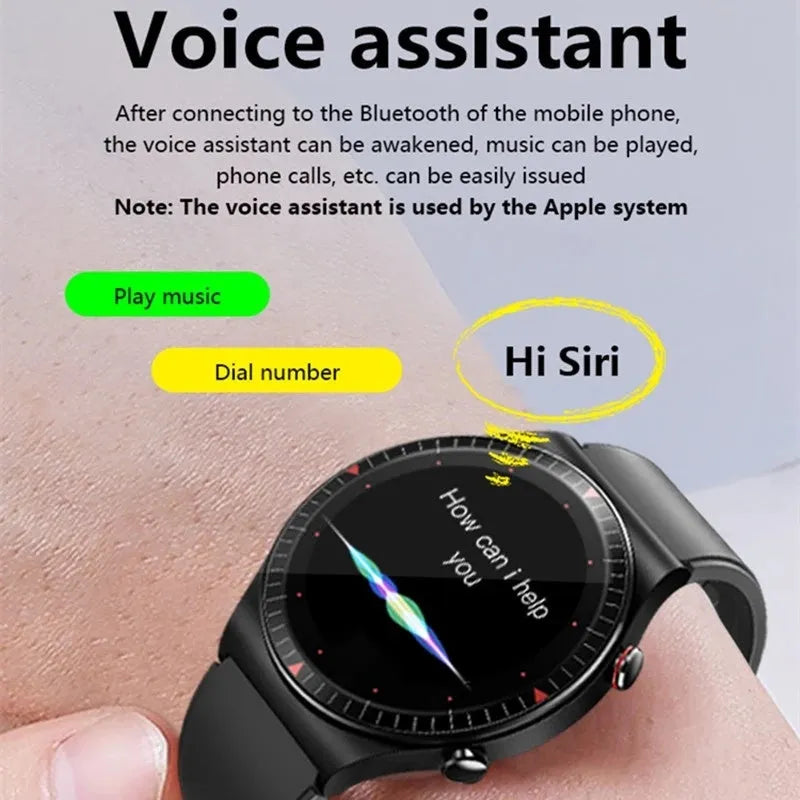 Black Bluetooth smart watch with round touchscreen on a silicone strap, showing fitness data interface.