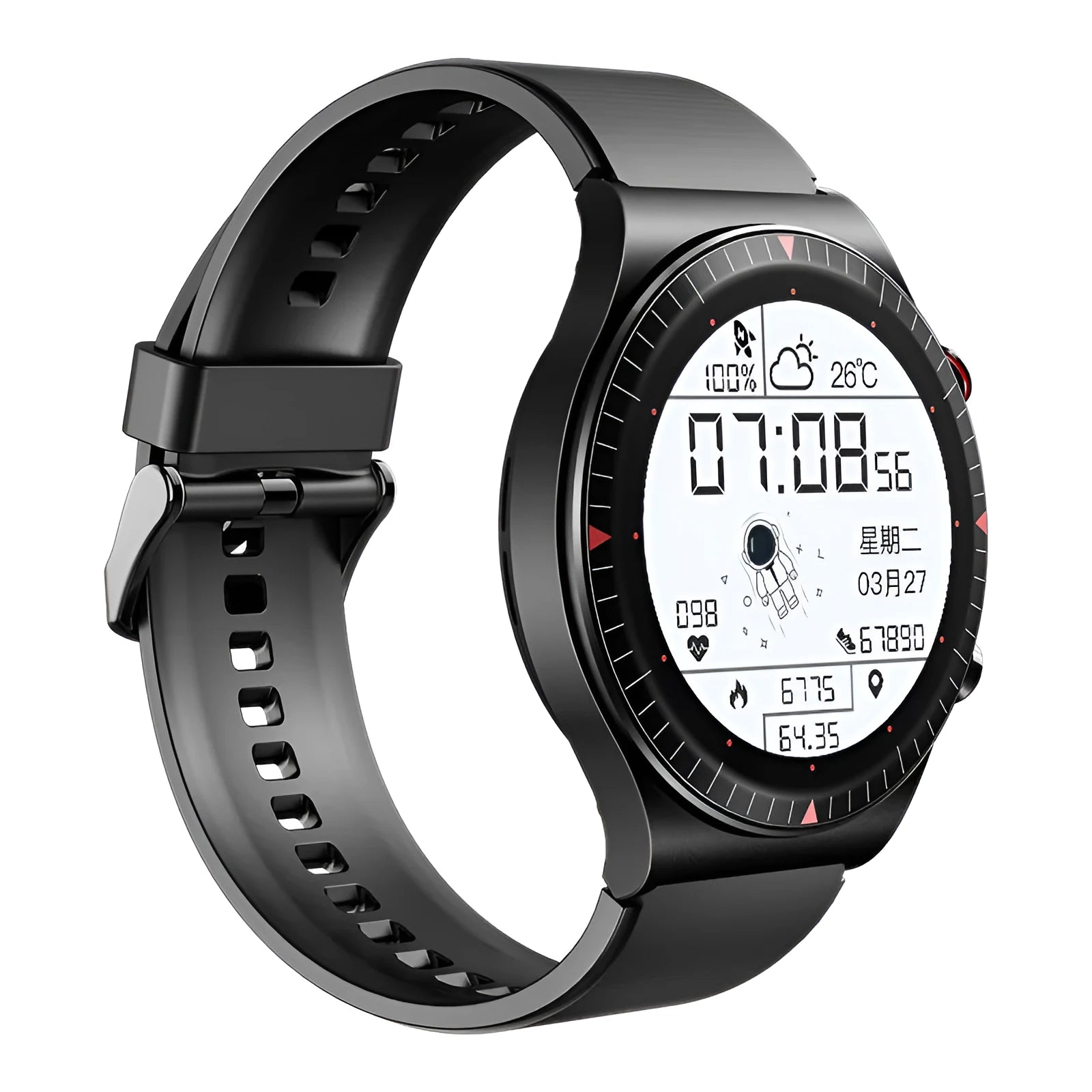 Black Bluetooth smart watch with round touchscreen on a silicone strap, showing fitness data interface.