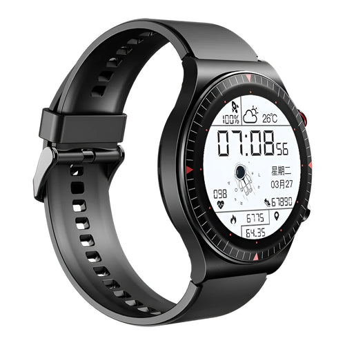 Black Bluetooth smart watch with round touchscreen on a silicone strap, showing fitness data interface.
