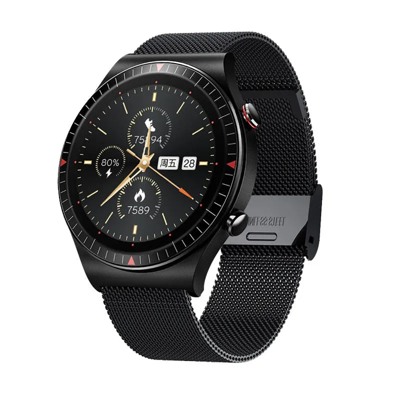 Black Bluetooth smart watch with round touchscreen on a silicone strap, showing fitness data interface.