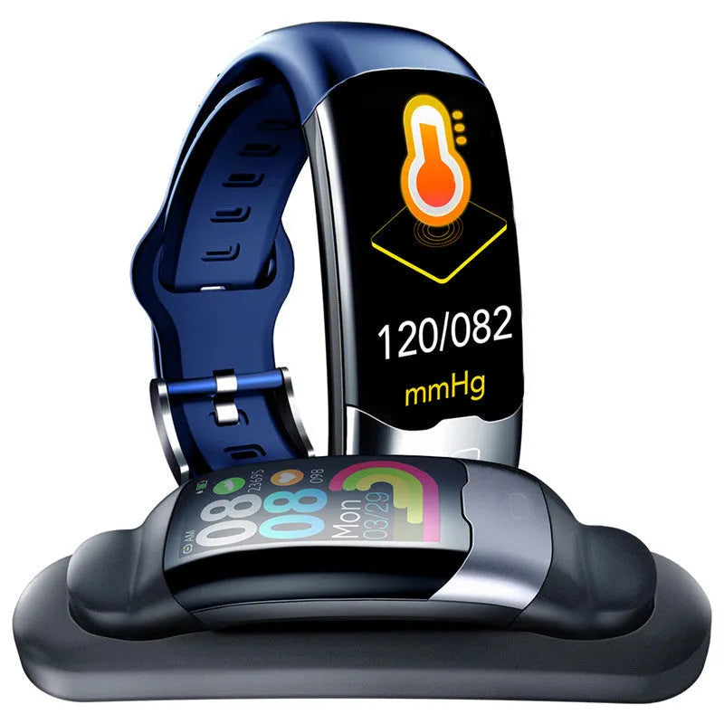 Smart bracelet with digital display showing heart rate and blood pressure readings