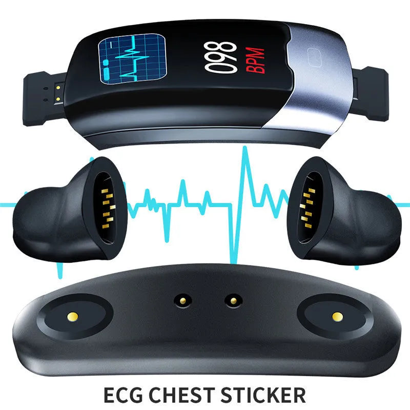 Smart bracelet with digital display showing heart rate and blood pressure readings