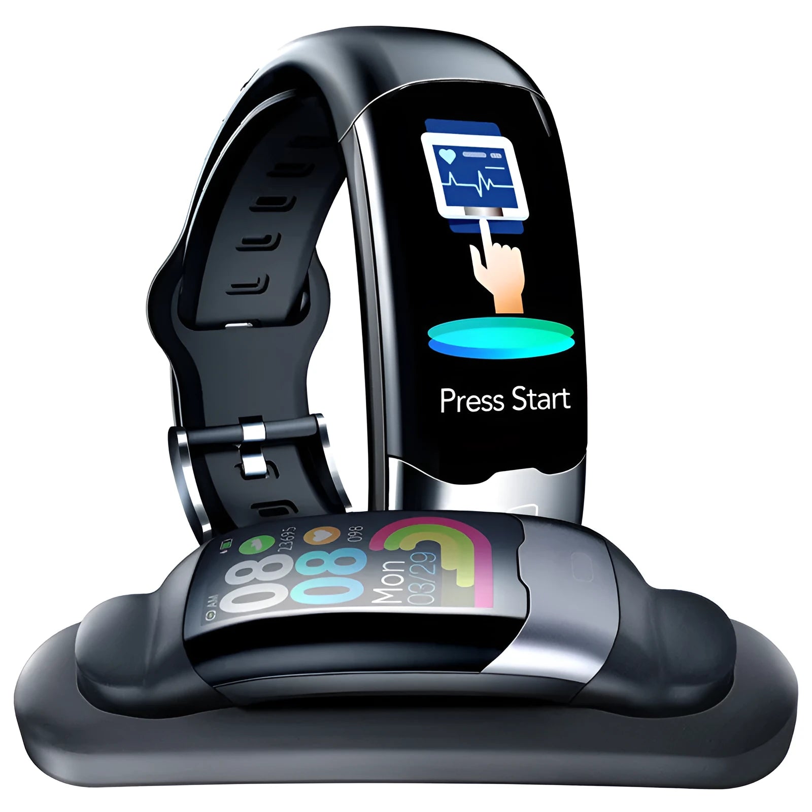 Smart bracelet with digital display showing heart rate and blood pressure readings