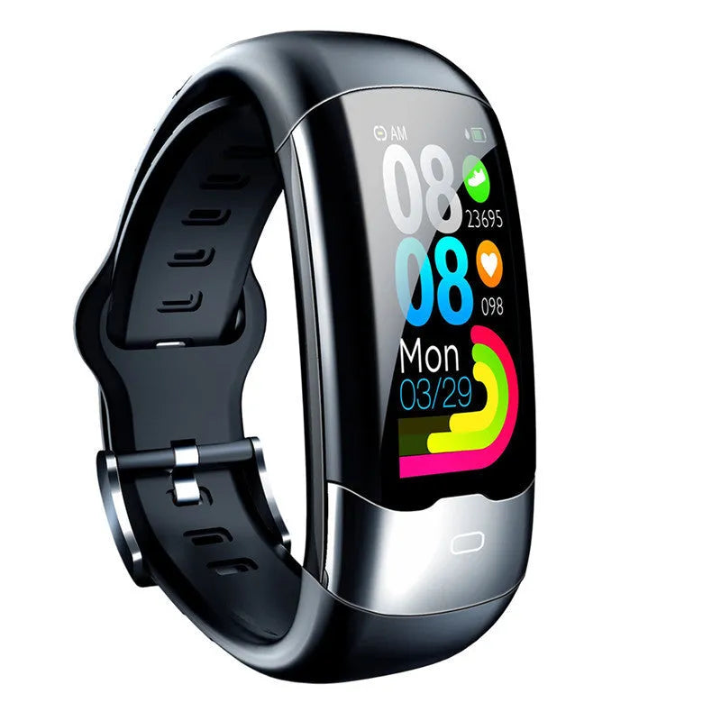 Smart bracelet with digital display showing heart rate and blood pressure readings