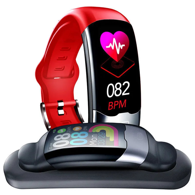 Smart bracelet with digital display showing heart rate and blood pressure readings