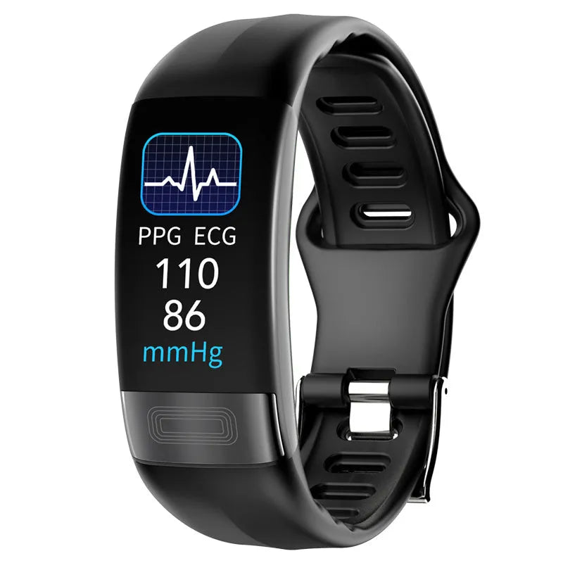 Smart bracelet on wrist displaying health metrics on 0.96-inch screen, shown in black, blue, green, or red.