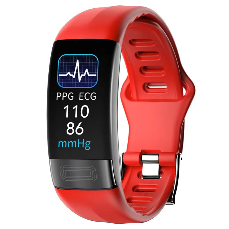 Smart bracelet on wrist displaying health metrics on 0.96-inch screen, shown in black, blue, green, or red.