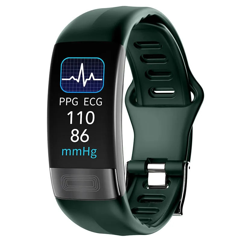 Smart bracelet on wrist displaying health metrics on 0.96-inch screen, shown in black, blue, green, or red.