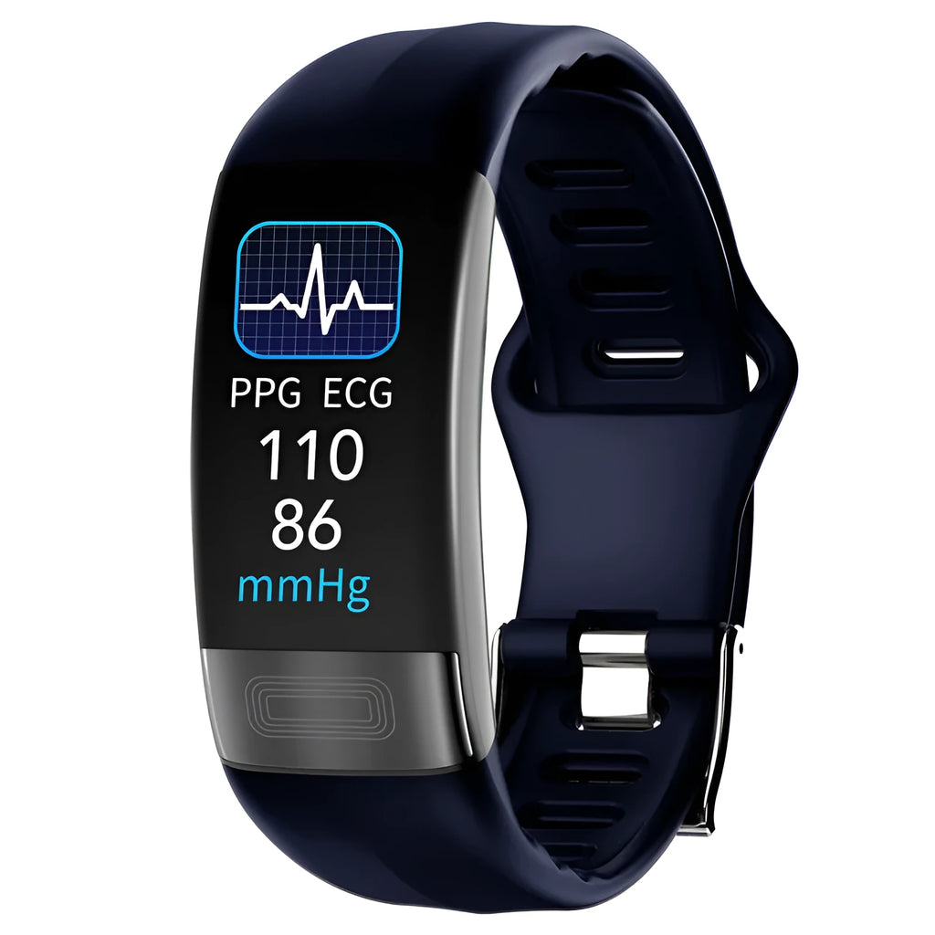 Smart bracelet on wrist displaying health metrics on 0.96-inch screen, shown in black, blue, green, or red.