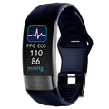 Smart bracelet on wrist displaying health metrics on 0.96-inch screen, shown in black, blue, green, or red.