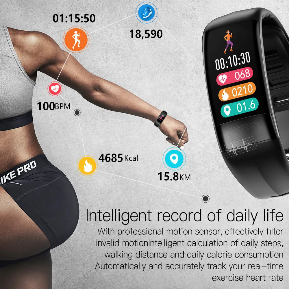 Smart bracelet on wrist displaying health metrics on 0.96-inch screen, shown in black, blue, green, or red.