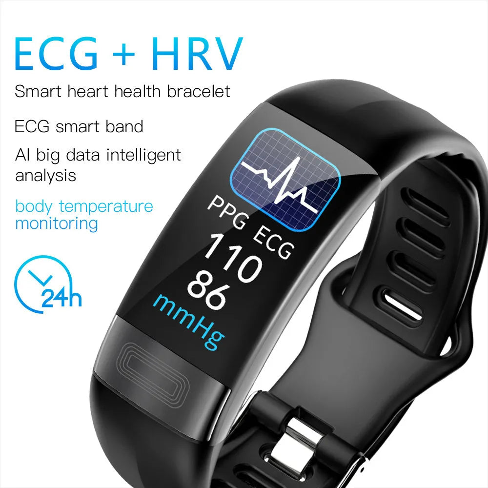 Smart bracelet on wrist displaying health metrics on 0.96-inch screen, shown in black, blue, green, or red.