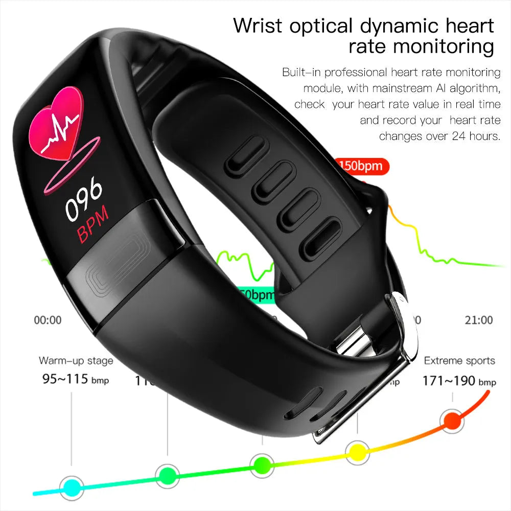 Smart bracelet on wrist displaying health metrics on 0.96-inch screen, shown in black, blue, green, or red.