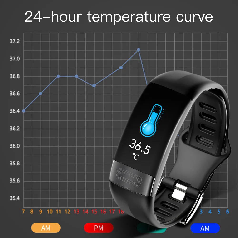 Smart bracelet on wrist displaying health metrics on 0.96-inch screen, shown in black, blue, green, or red.