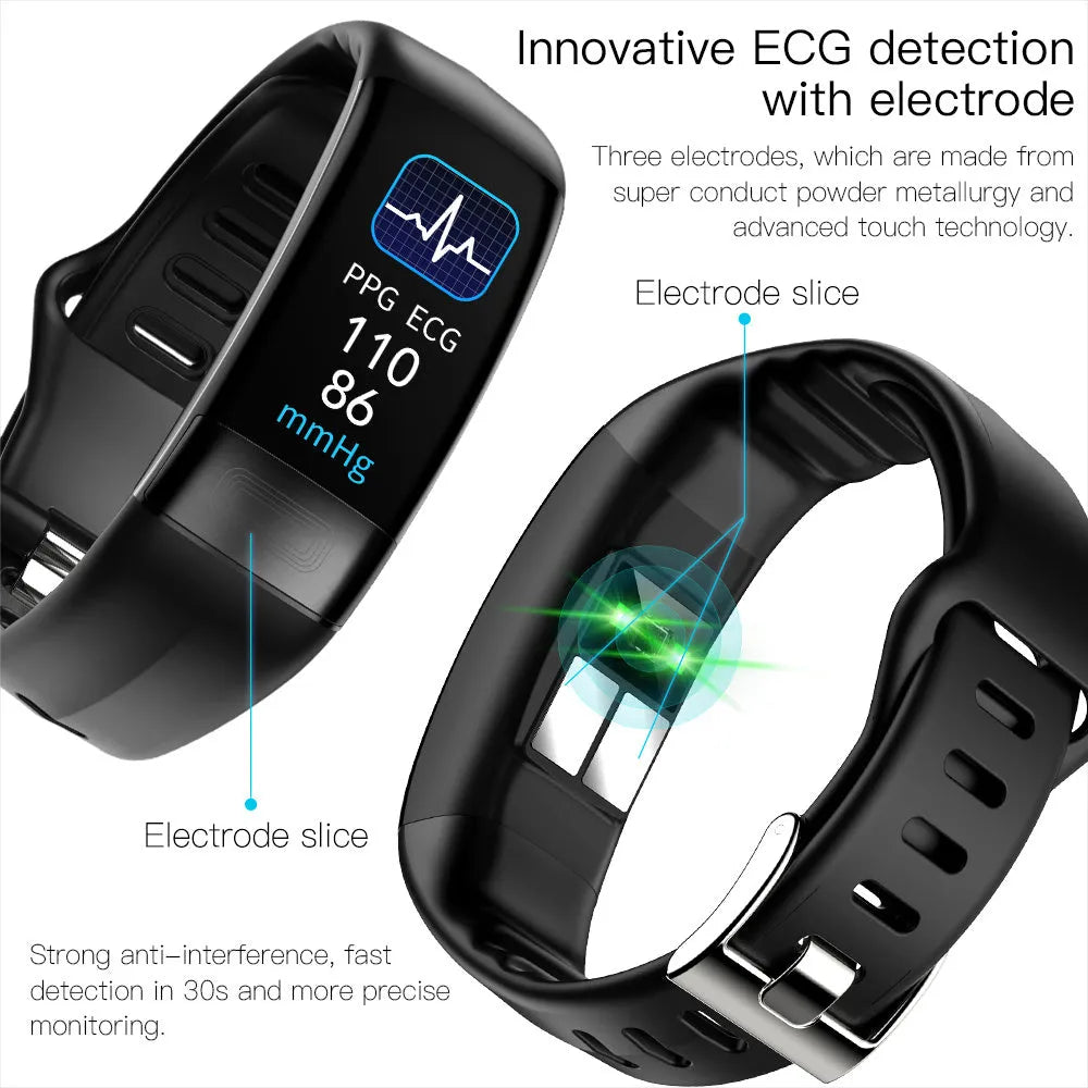 Smart bracelet on wrist displaying health metrics on 0.96-inch screen, shown in black, blue, green, or red.