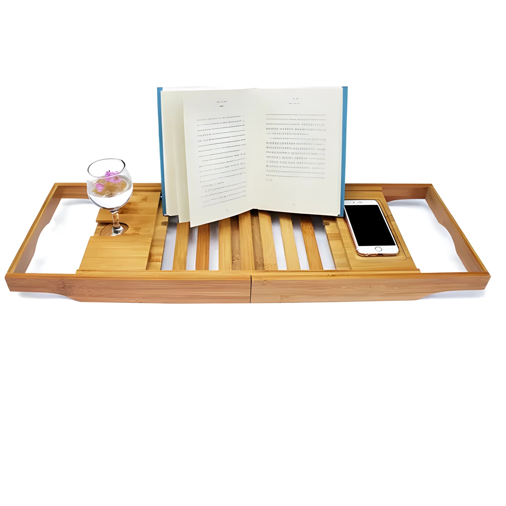 Natural bamboo bathtub caddy tray with one shelf resting on a bath edge.