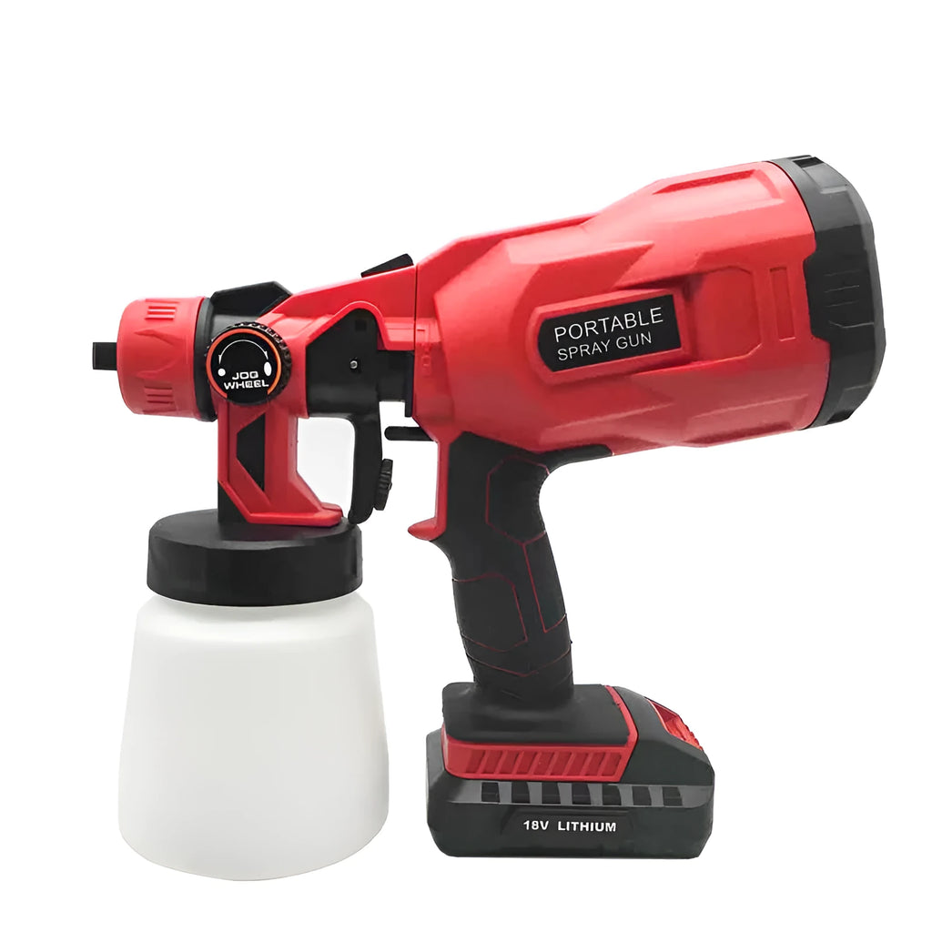 Cordless paint spraying machine with 800ml container and 1.8mm nozzle in blue or red