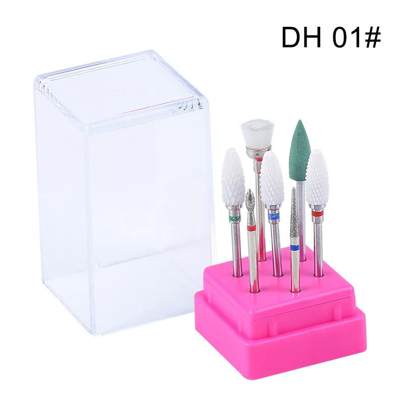 Tungsten steel nail drill bit set with 7 pieces including bits and brush in a clear case.