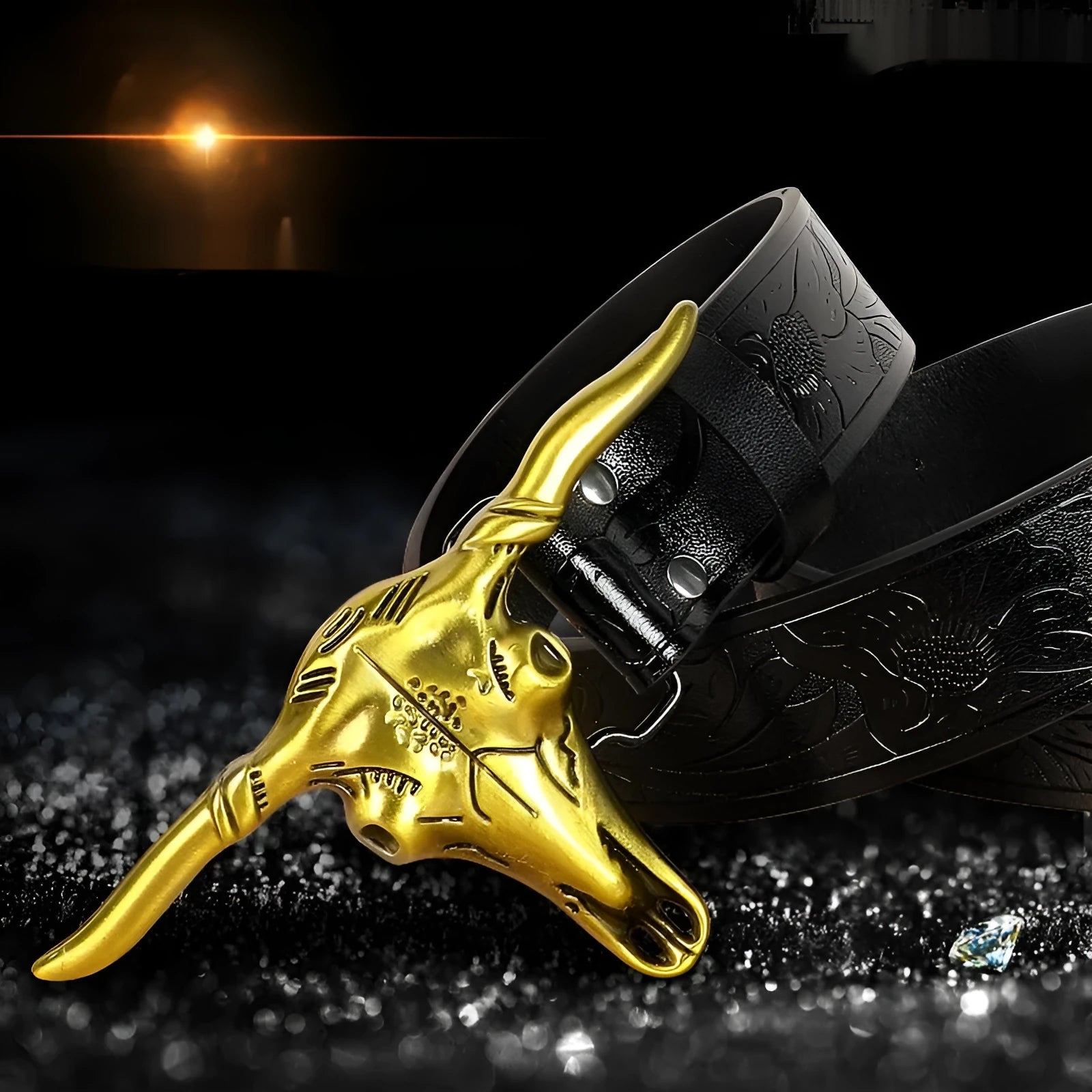 Men's black cow head buckle belt with detailed alloy casting on an imitation leather strap.