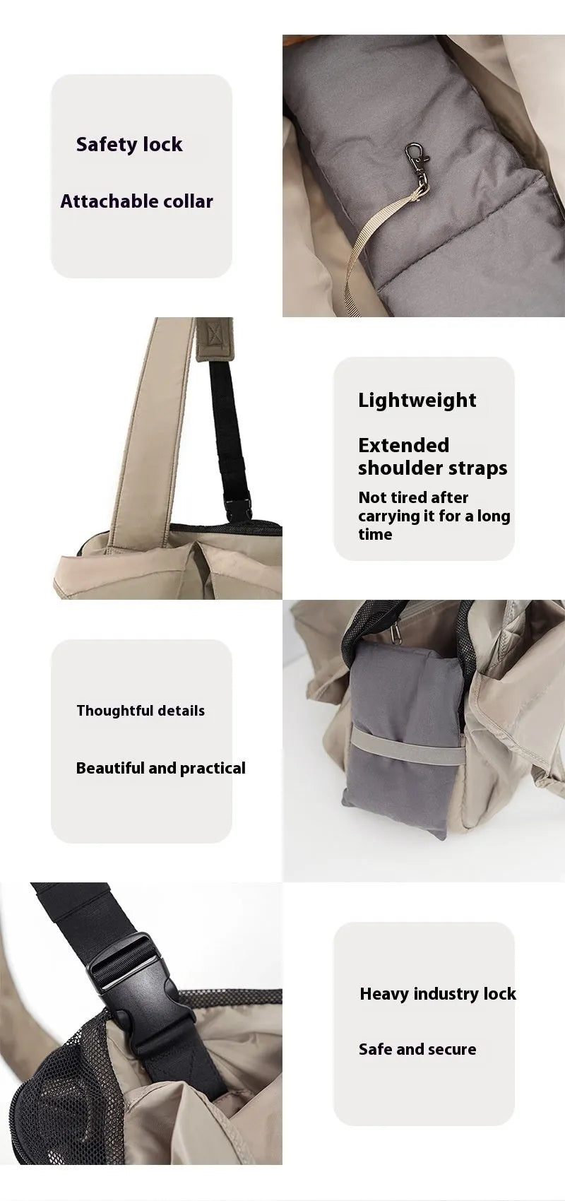 Apricot coloured cloth pet handbag carrier with dimensions 41 cm by 16 cm by 28 cm.