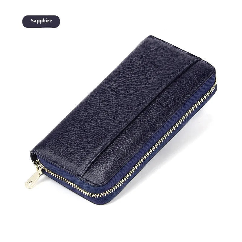 Long genuine leather women's wallet in six colours with anti-theft card swiping feature