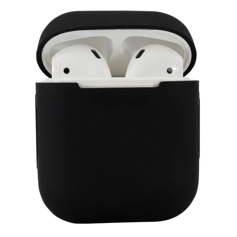 Silicone protective case for AirPods 2nd generation wireless earbuds in various colours showing 56x47x24mm dimensions