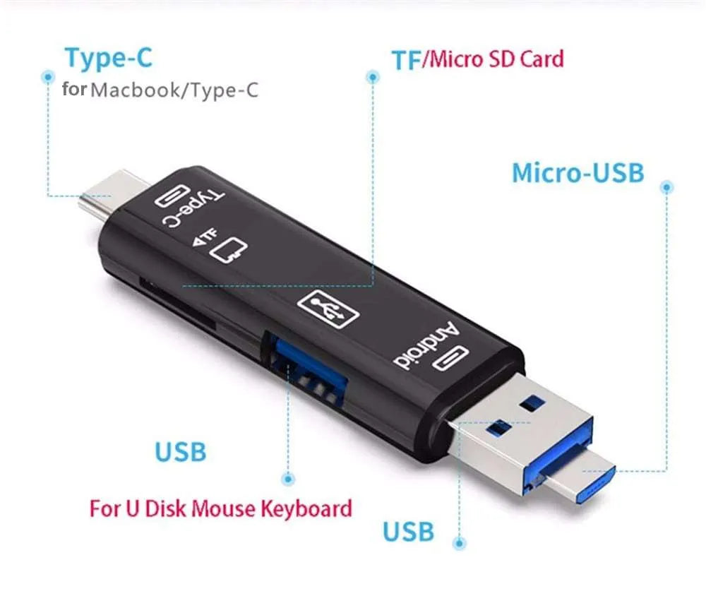 Black and white USB hub adapter with Type-C, Micro USB and TF card reader for MacBook and mobile devices