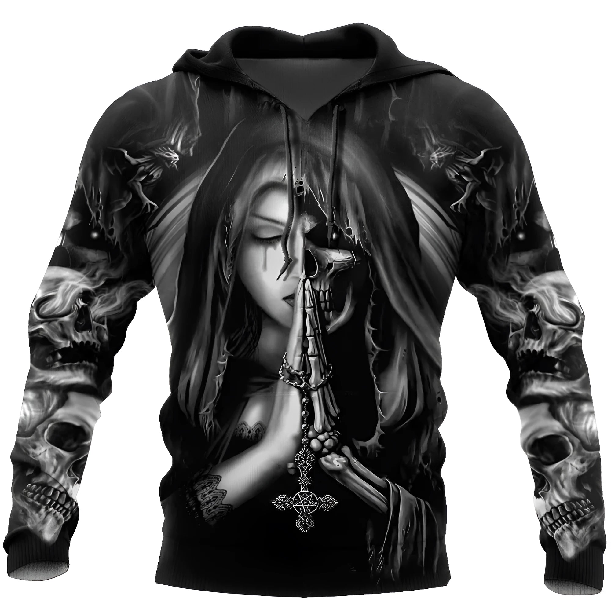 Men's black hooded sweatshirt with a large 3D white anime skull graphic on the front.