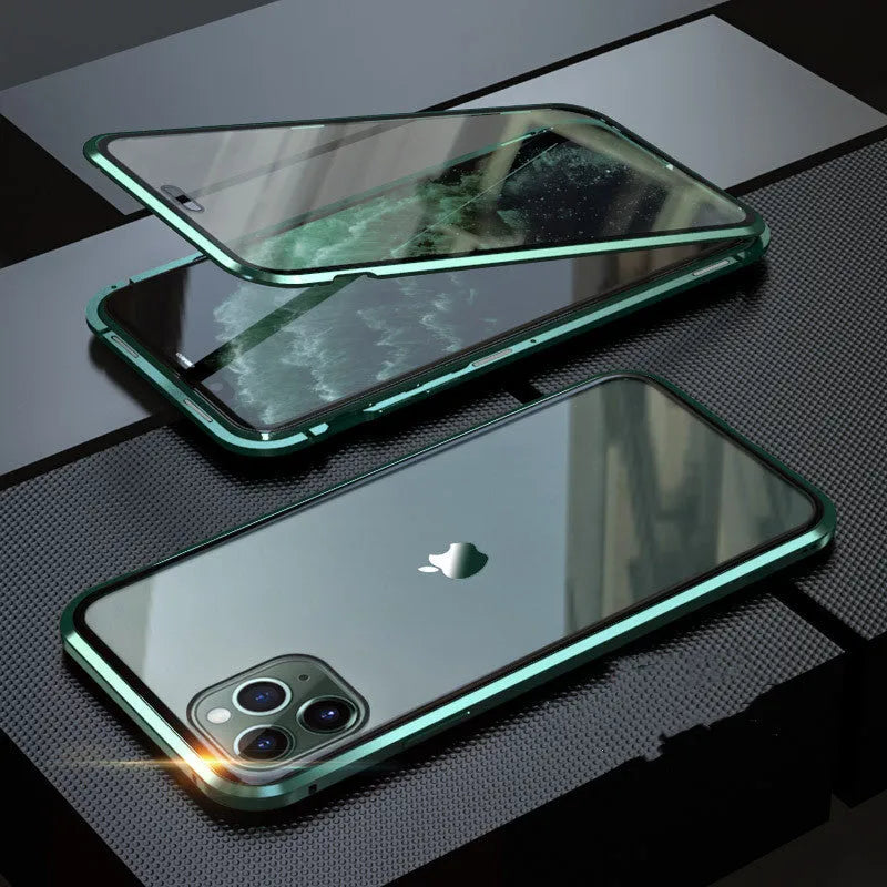 Glass clamshell anti-spy phone case for iPhone in multiple solid colours including black, blue, gold, green, red, and silver