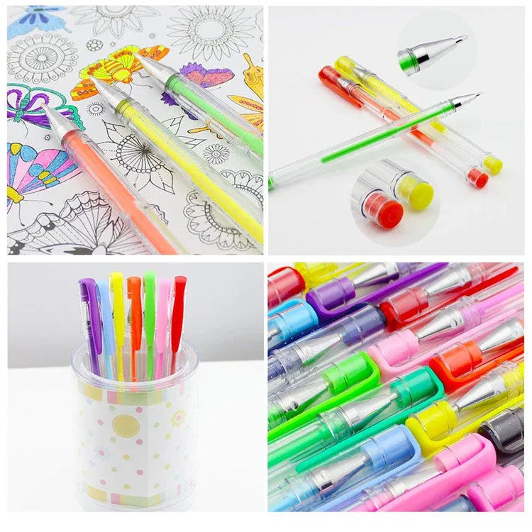 Set of 100 gel colouring pens with plastic barrels in various colours for office and stationery use