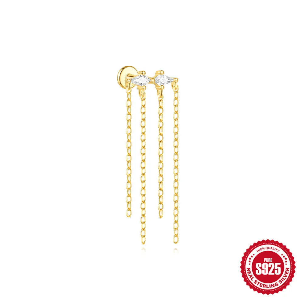 Geometric kite-shaped sterling silver earrings with a gold electroplated chain tassel featuring rhinestones.