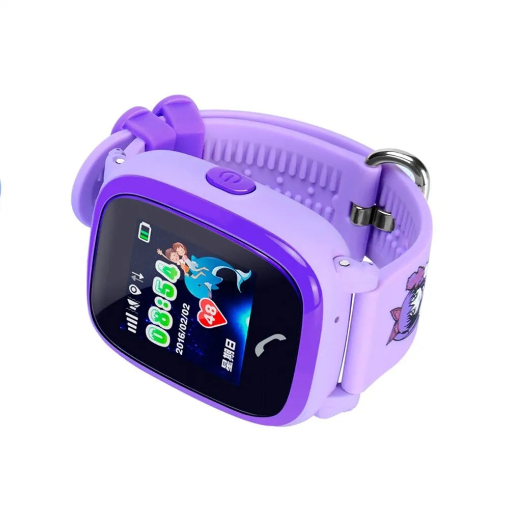 Blue children's waterproof smart watch with touch screen displaying time and GPS location interface