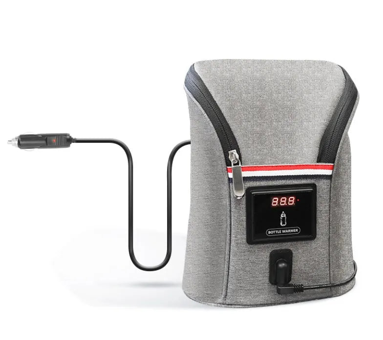Grey Oxford cloth car USB baby bottle warmer with electronic temperature display and carry handle