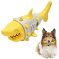 Blue durable rubber dog toy with shark-tooth texture and leaky design for teething puppies
